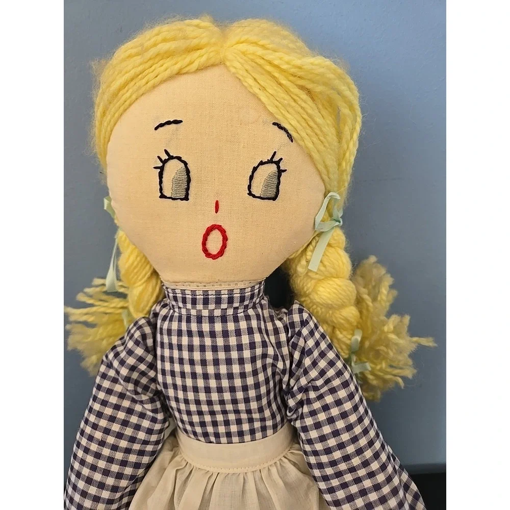 Vintage Handmade Cloth Doll‎ With Stitched Facial Features Blond Hair Apron